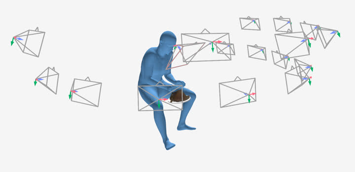 Clay4D human mesh, camera frustums, and static clay reconstruction